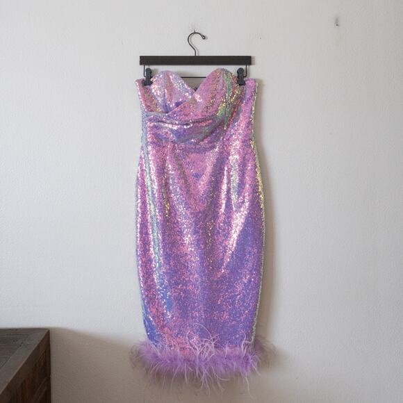 Lavish Alice Women's Purple Sequin Strapless Feather Trim Dress - Picture 2 of 6